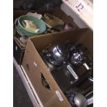 A box of containing mostly Shorter & son pottery and a box of various metalware