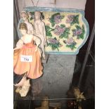 Royal Doulton figure, Beswick bird, two other figures and a majolica dish