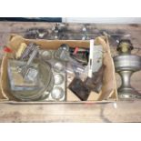 A box of kitchenalia, lamp, lock etc.