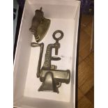 A vintage miniature brass box iron and Just Like Ma mincer