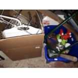 Two boxes of household items including a garden kneeler, kitchen, garage etc.