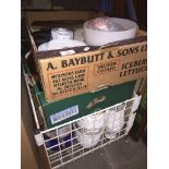 2 boxes and a wire basket containing pottery, planters, desk fan etc