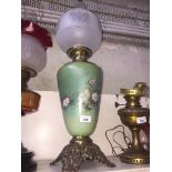 Victorian floral green glass oil lamp