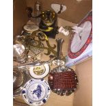 Box with plated ware and brass coffee grinder etc.