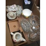 Box with miniature china, glass jelly moulds etc