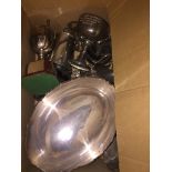 A box of plated ware, tankards, cups etc