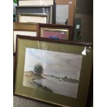 A box of pictures including a watercolour by Alan Bradshaw etc.