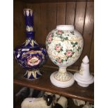 Large releif moulded pottery vase and a Victorian glass vase and cover