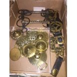 Antique and vintage horse harness brasses, snaffle bits and chain lead