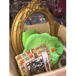 A mixed box with mirrors, glass tray, Carlton ware dish, esatern scenes ashtrays, and Wedgwood jug