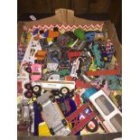 A box of die cast and other play worn toy vehicles including Corgi, Matchbox, etc