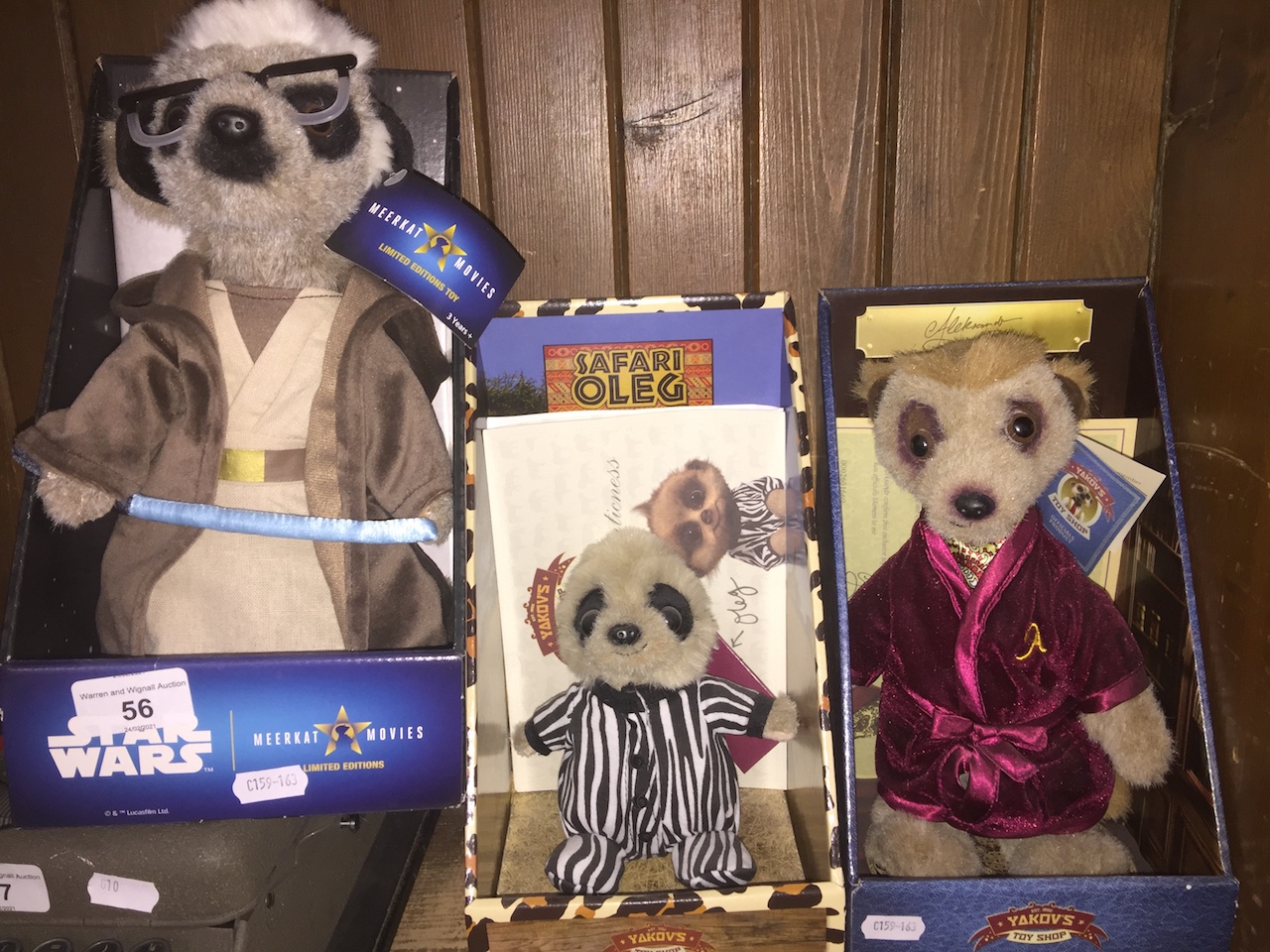 Three meerkat soft toys, boxed and with paperwork, including Safari Oleg, Aleksander, and limited