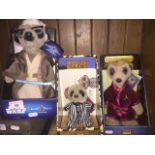 Three meerkat soft toys, boxed and with paperwork, including Safari Oleg, Aleksander, and limited