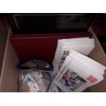 A box of stamp albums, British and Commonwealth, and first day covers and loose stamps.