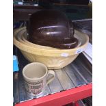 3 mixing/proving bowls and a large teapot
