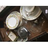 Box of mainly china including Duchess, brass clock etc.