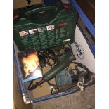 A box of power too0ls oncluding cordless drill, power drill, angle grinder and a jigsaw