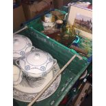 2 crates of pottery, glassware, paperweights etc including flat iron