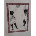 After Aubrey Beardsley, erotic dancers, colour print, 19.5cm x 26.5cm, fascimille signature,