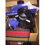 A box of cameras including Sony Handycam video 8, Olympus digital camera, Canon video camera etc