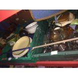 Three plastic crates of pottery including jugs, kitchenware etc
