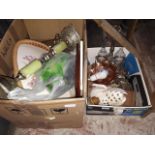 Two boxes of misc. including a 19th century silver plated tantalus (as found), a retro smoker's