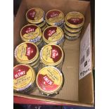 A box of approx 36 tins of Kiwi shoe polish, neutral colour