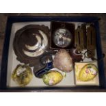 A box of bric a brac including a Doulton stoneware ewer, scales, tusks etc.