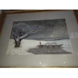 19th century School, winterscene, monogrammed 'WH' and dated 1867, glazed and framed.