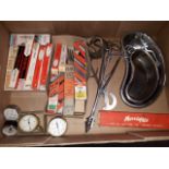 A box of tools including boxed files, gauges, scales, medical instruments etc.