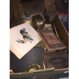A miscellaneous box including books, metalware, prints, bibles