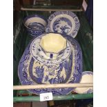 A box of blue and white pottery including large platter