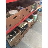 Twelve boxes of assorted household items, pyrex ware, pottery,material, kitchen scales, glassware