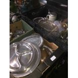 A box and a crate of metalware including epns, pewter, stainless steel etc