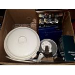 A mixed box containing a slow cooker, silver plated photo frames, a hairdryer and miniature