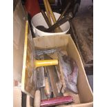 A tub and a box of tools including mallets, plastering float etc