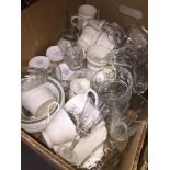 Box with china mugs etc. and glassware