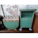 A green woven Lloyd Loom style bedside cabinet and small linen basket