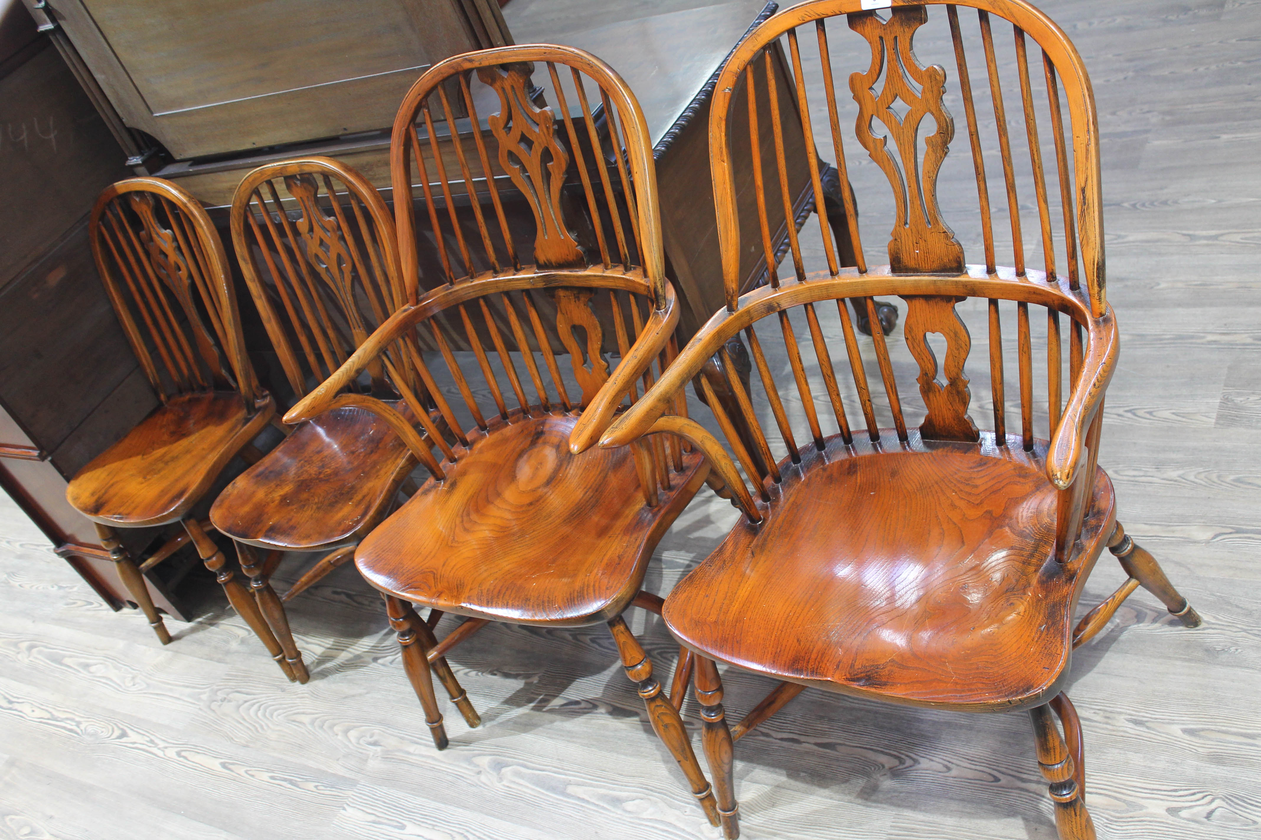 A Batheaston reproduction oak refectory table with eight ash and elm seated chairs comprising a - Image 2 of 10