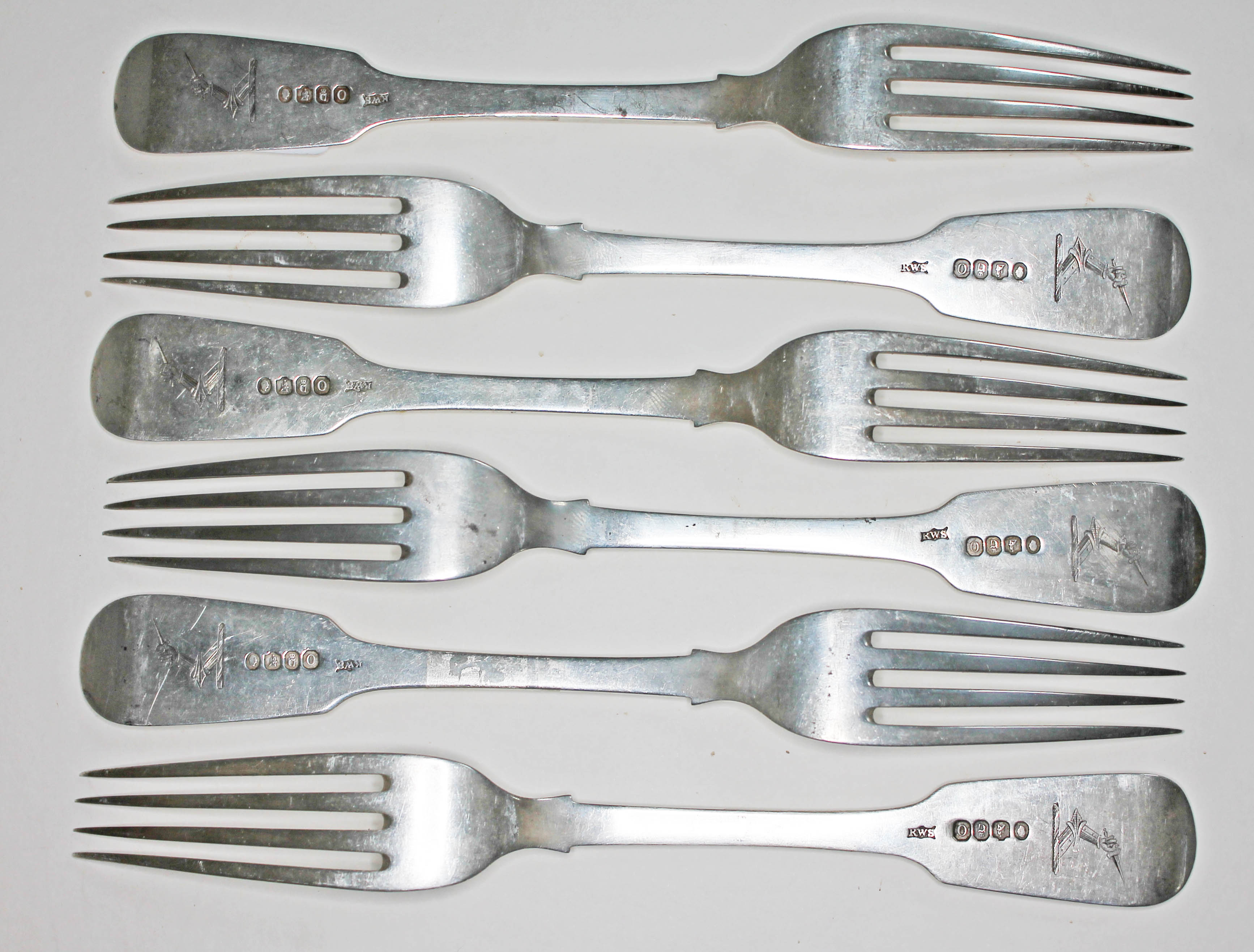 A set of six William IV Irish silver forks, R W Smith, Dublin 1834, length 22cm, wt. 13 1/2oz.