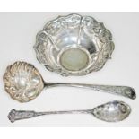 A Chinese export silver spoon, a Georgian hallmarked silver spoon (as found) and a bowl marked