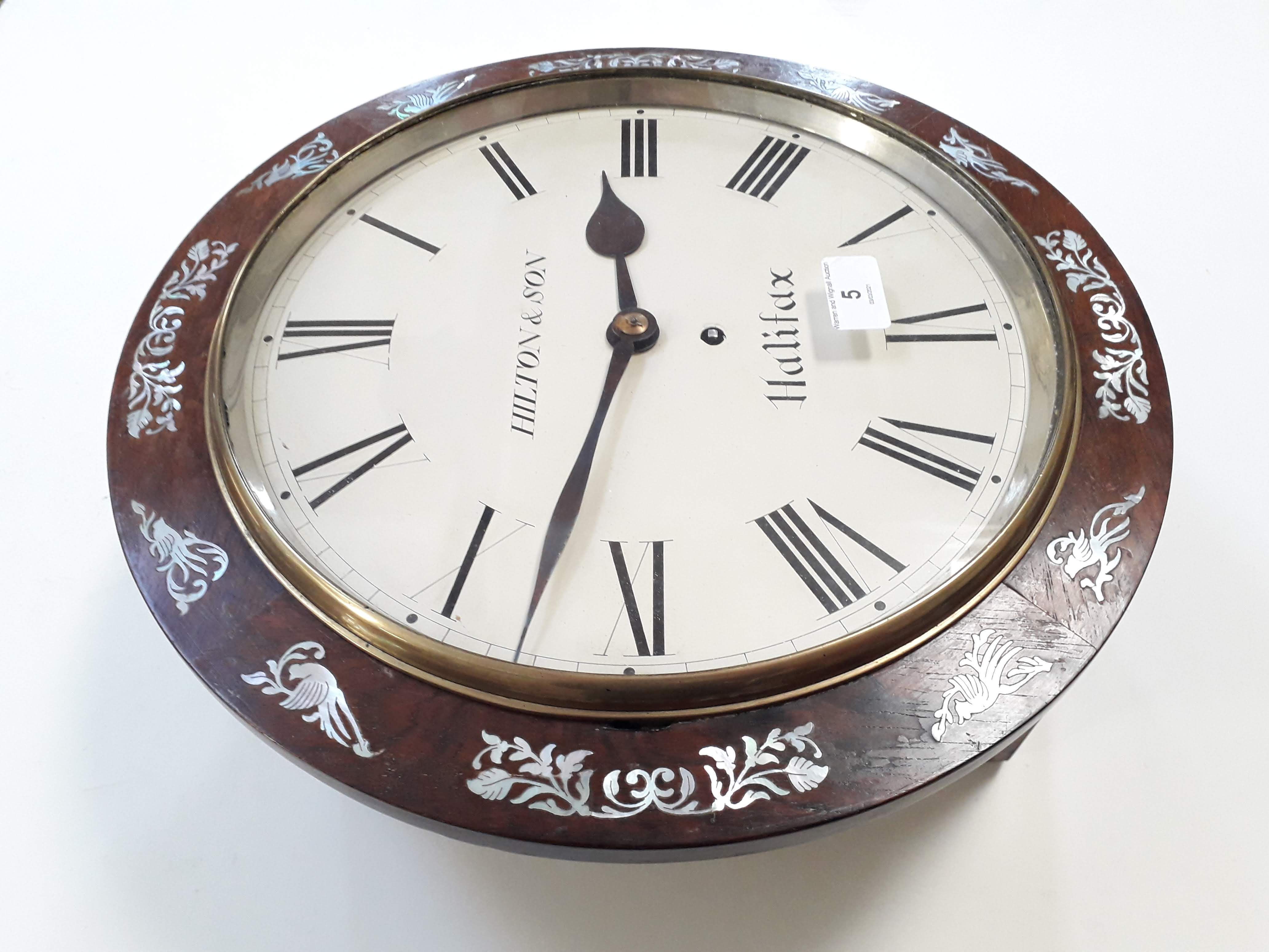 An early 19th century mother of pearl inlaid rosewood wall clock, the 12" dial painted with Roman - Image 9 of 9