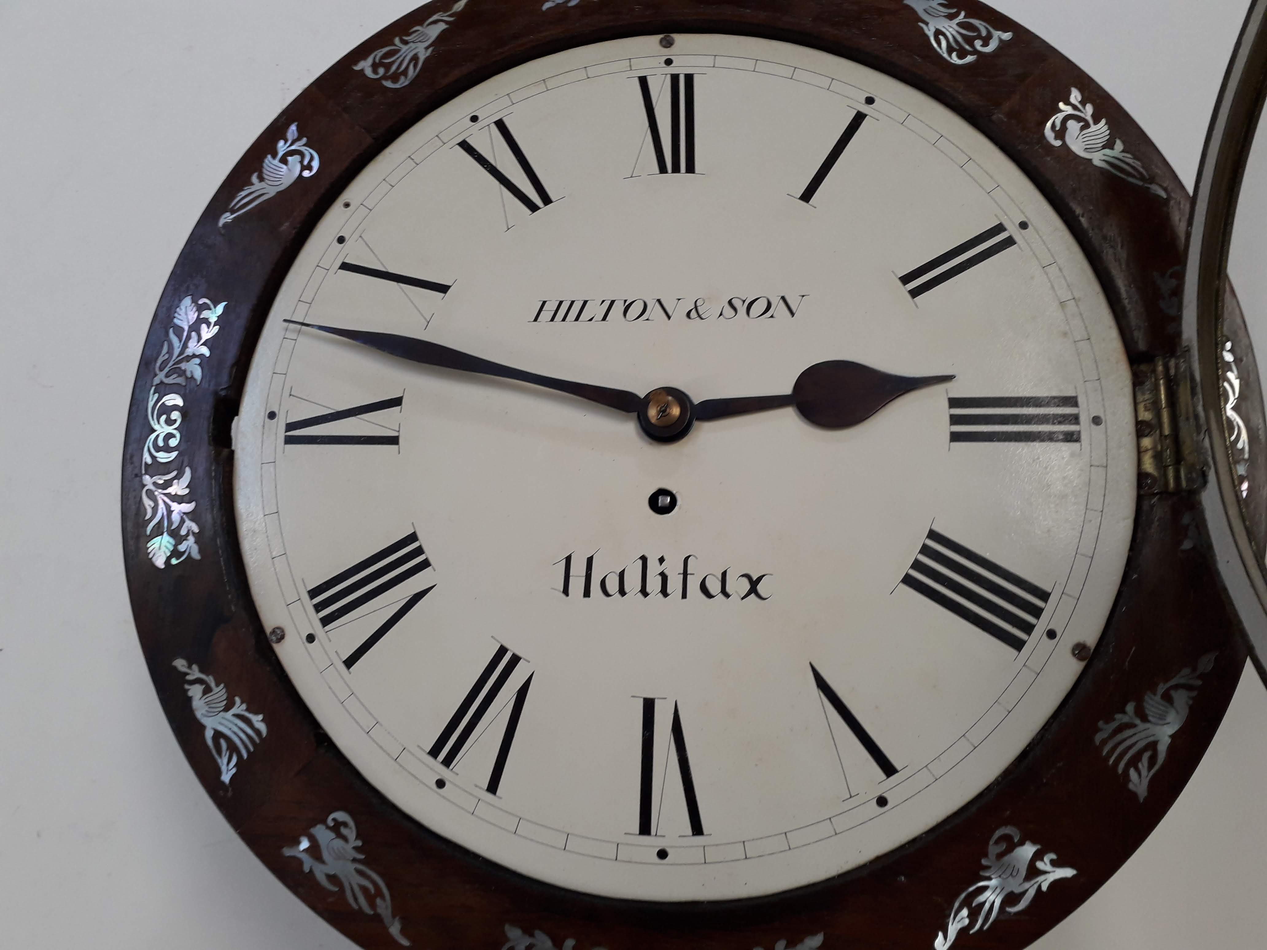 An early 19th century mother of pearl inlaid rosewood wall clock, the 12" dial painted with Roman - Image 7 of 9