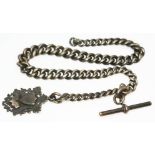 A hallmarked silver Albert chain with T bar and fob, length 36cm, wt. 71.36g.