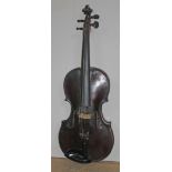 An antique violin circa 1800, length of back 362mm, with bow and hard case.