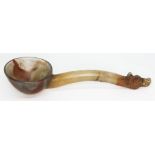 A Chinese carved jade spoon with round bowl and horse head finial, length 14.5cm. Condition -