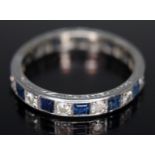 An Art Deco full diamond and sapphire eternity ring, gross approx. diamond wt. 0.65 carats, engraved