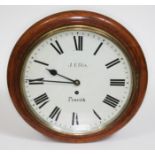 An oak cased wall clock, the 12" dial signed J Ellis Penrith, four pillar chain driven single