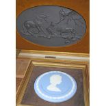 A Wedgwood black basalt plaque "The Frightened Horse" after George Stubbs and another.
