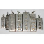 A group of seven hallmarked silver ingots, lengths 32mm to 44mm, wt. 158.67g (approx. 5 troy oz).